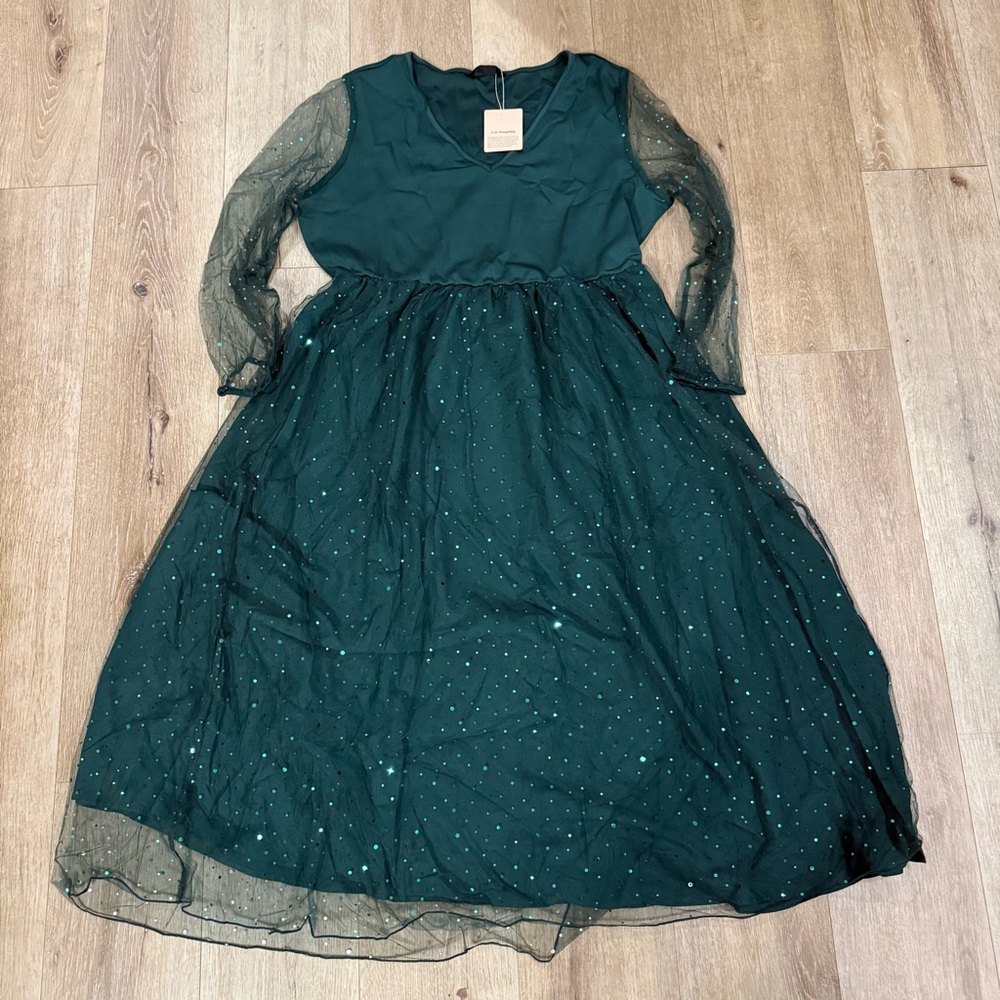 BloomChic Teal Green Sparkle Mesh Party Dress for Girls